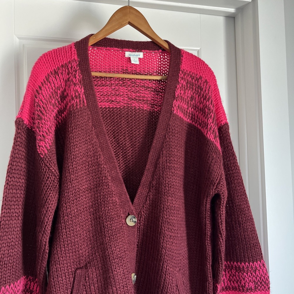 Sundance Chunky Knit Cardigan Sweater Burgundy Wool Blend Oversized L Preppy - Picture 7 of 16